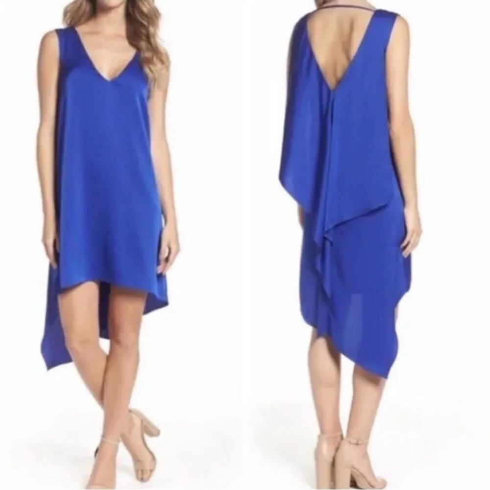 Royal Blue BCBGMAXAZRIA Shana Flowy or Oversized High Low Satin V Neck Dress